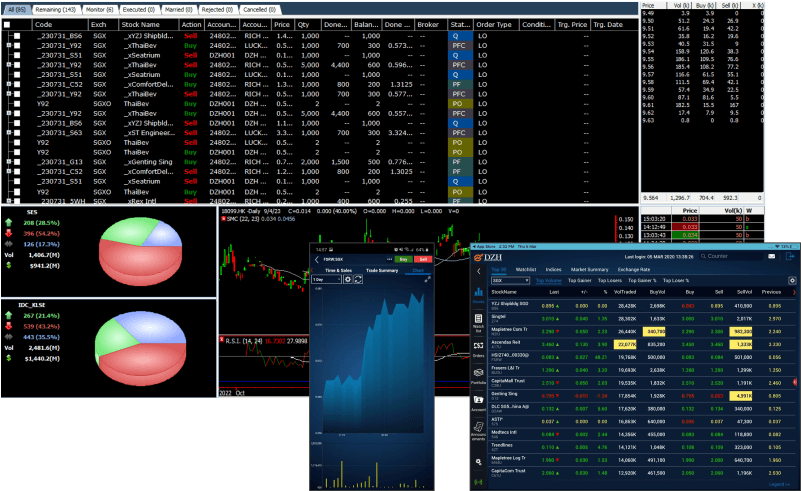 Professional dealer terminal or thick client equities trading application with portable mobile phone, tablet, iPad