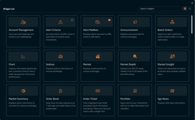 Extensive selection of customisable widgets for capital markets securities trading like SGX, Bursa, HKEX, NASDAQ, NYSE, AMEX